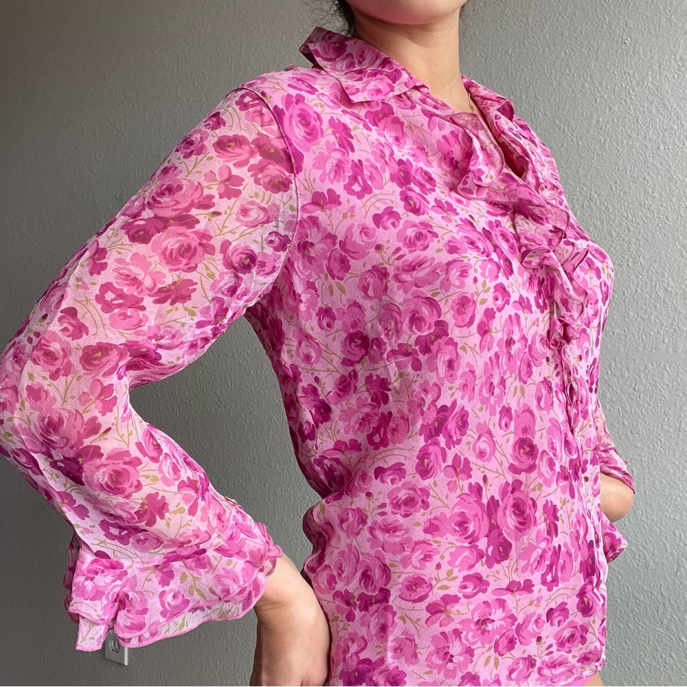 Y2K Silk Floral Pink Ruffle Blouse